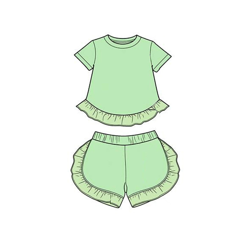 GSSO3654 Preorder Baby Girl Green Short Sleeve Shirt Top Ruffle Short Clothes Set
