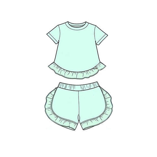 GSSO3655 Preorder Baby Girl Blue Short Sleeve Shirt Top Ruffle Short Clothes Set