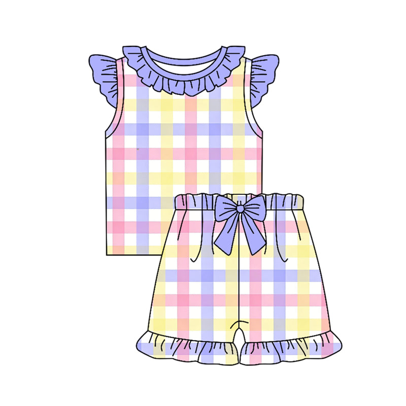 GSSO3664 Preorder Baby Girls Flutter Sleeve Colorful Checked Shirt Top Ruffle Short Clothes Set