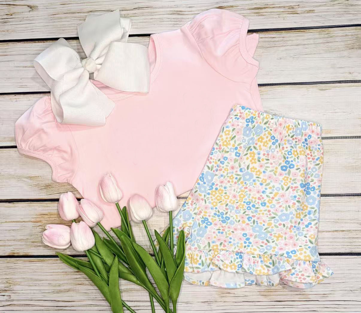 GSSO3665 Preorder Baby Girls Short Ruffle Sleeve Small Flowers Top Ruffle Short Clothes Set