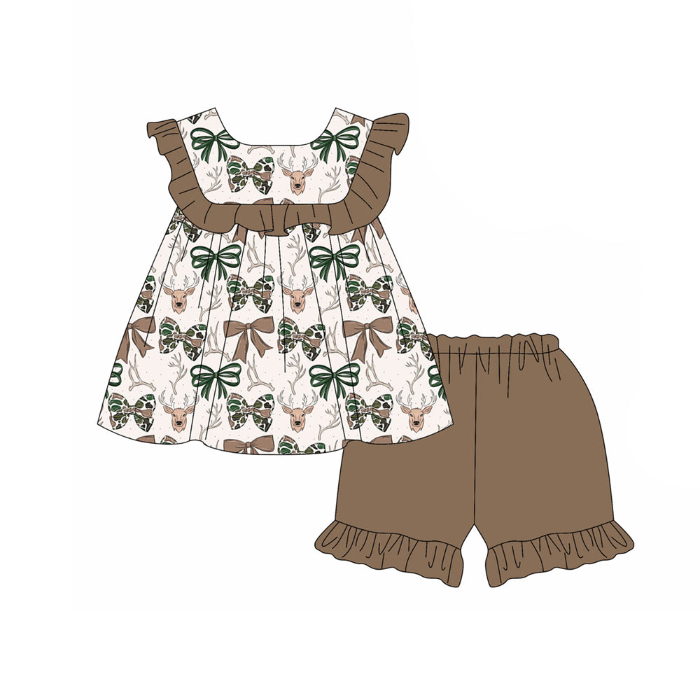 GSSO3666 Preorder Baby Girls Sleeveless Camo Bows Deer Tunic Ruffle Short Hunting Clothes Set
