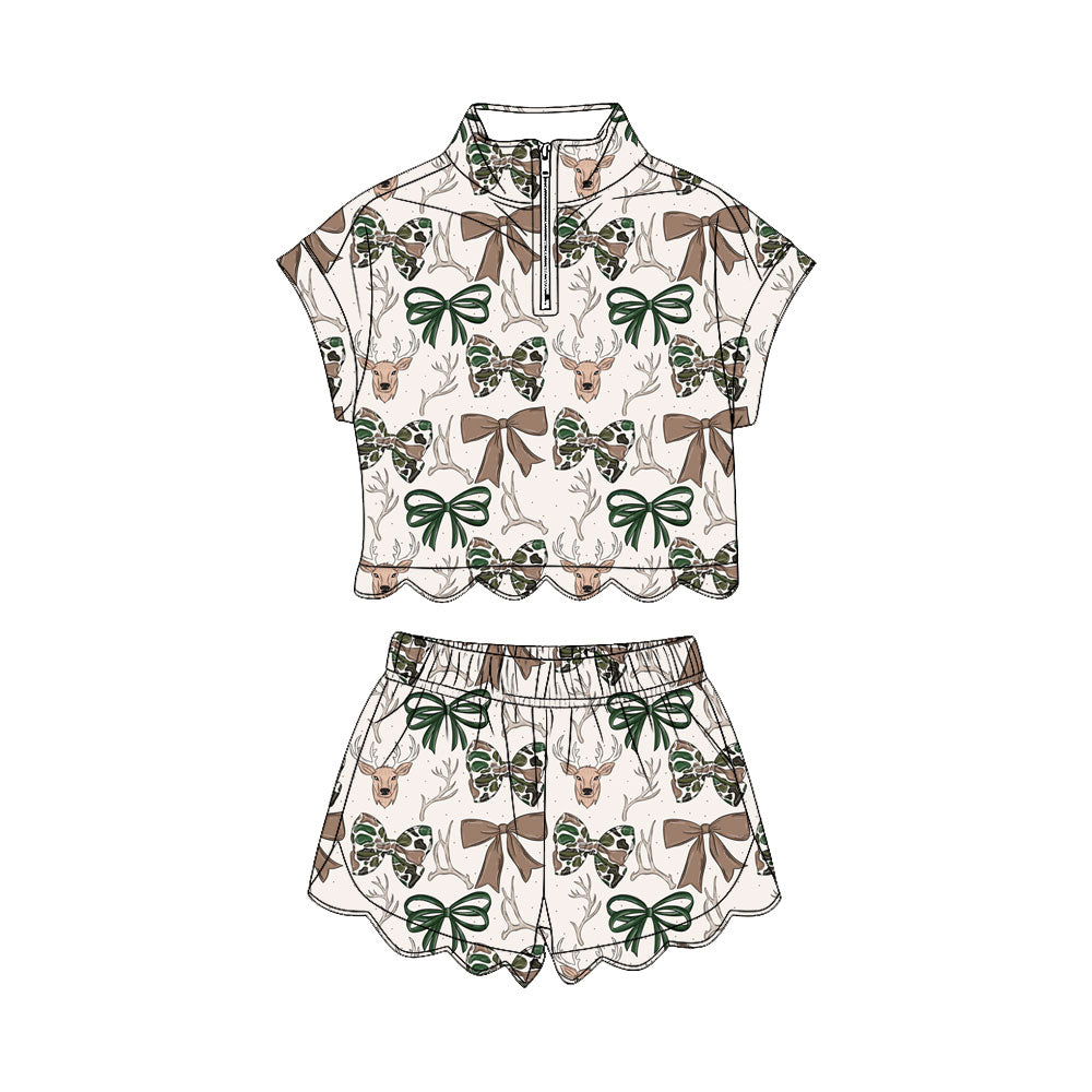 GSSO3668 Preorder Baby Girls Camo Bows Deer Zipper Top Short Scallop Hunting Clothes Sets