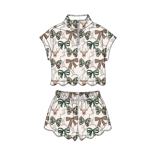 GSSO3668 Preorder Baby Girls Camo Bows Deer Zipper Top Short Scallop Hunting Clothes Sets