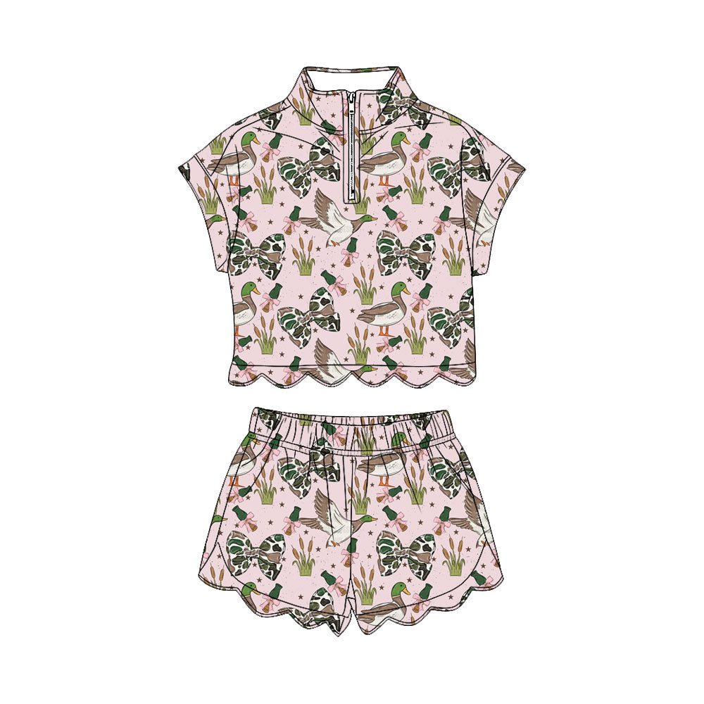 GSSO3669 Preorder Baby Girls Camo Bows Ducks Zipper Top Short Scallop Hunting Clothes Sets
