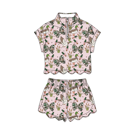 GSSO3669 Preorder Baby Girls Camo Bows Ducks Zipper Top Short Scallop Hunting Clothes Sets