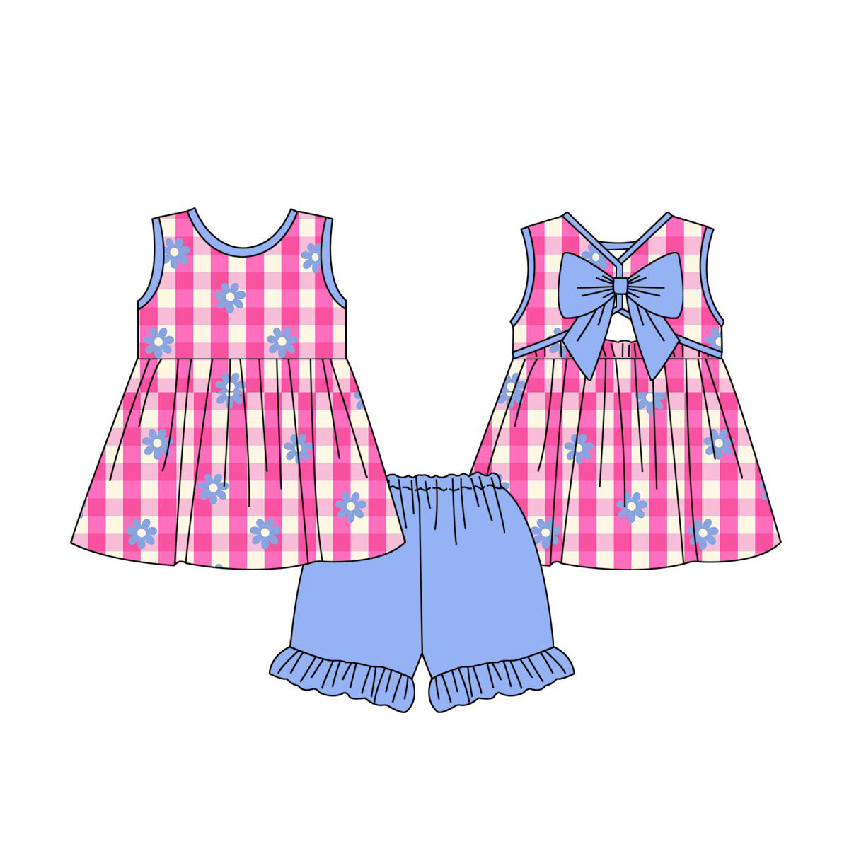 GSSO3673 Preorder Baby Girls Sleeveless Pink Checked Flowers Tunic Ruffle Short Clothes Set