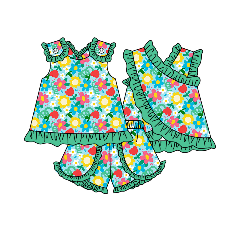 GSSO3674 Preorder Baby Girls Sleeveless Colorful Flowers Tunic Ruffle Short Clothes Set