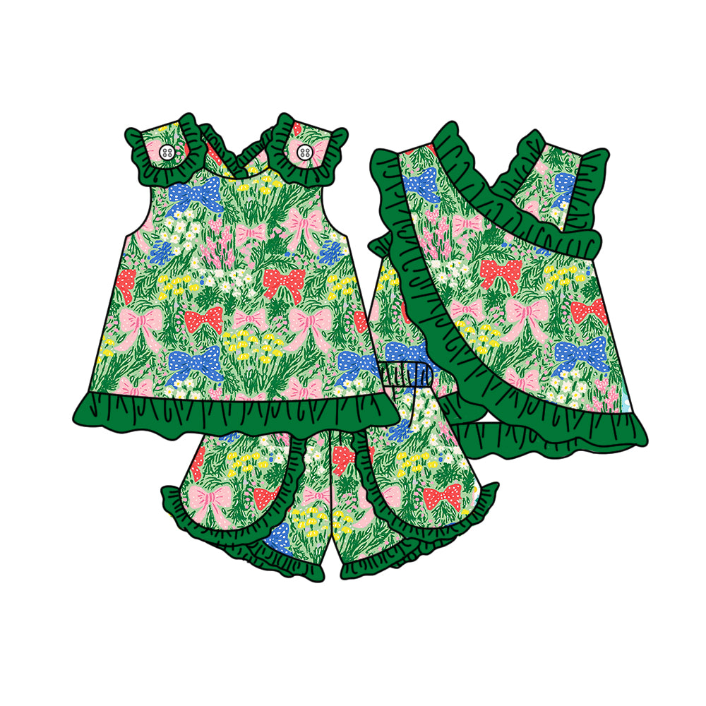 GSSO3675 Preorder Baby Girls Sleeveless Colorful Flowers Bows Tunic Ruffle Short Clothes Set