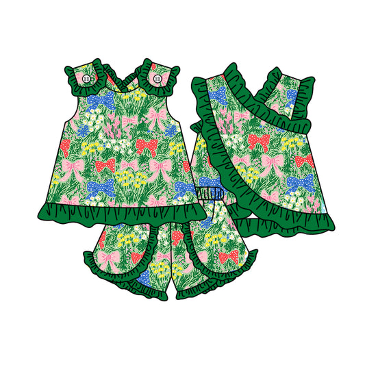 GSSO3675 Preorder Baby Girls Sleeveless Colorful Flowers Bows Tunic Ruffle Short Clothes Set