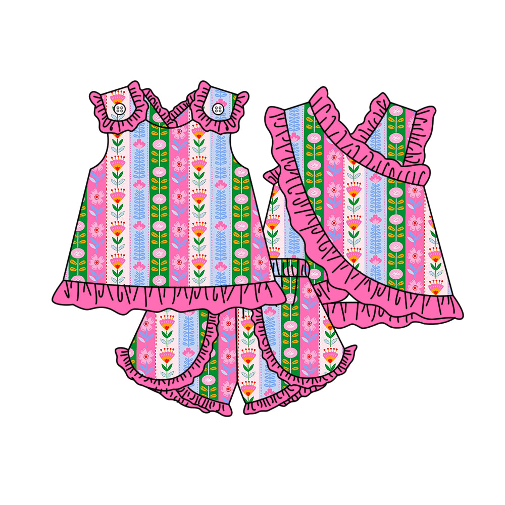 GSSO3676 Preorder Baby Girls Sleeveless Colorful Flowers Stripe Tunic Ruffle Short Clothes Set