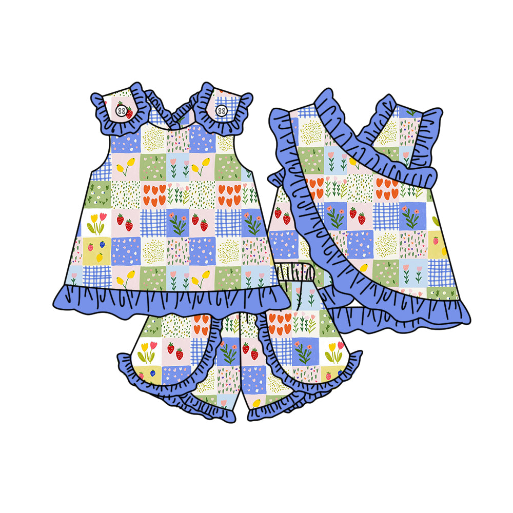 GSSO3678 Preorder Baby Girls Sleeveless Colorful Flowers Checked Tunic Ruffle Short Clothes Set