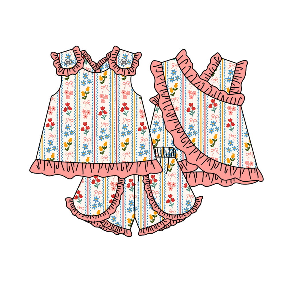 GSSO3680 Preorder Baby Girls Sleeveless Flowers Bows Stripe Tunic Ruffle Short Clothes Set