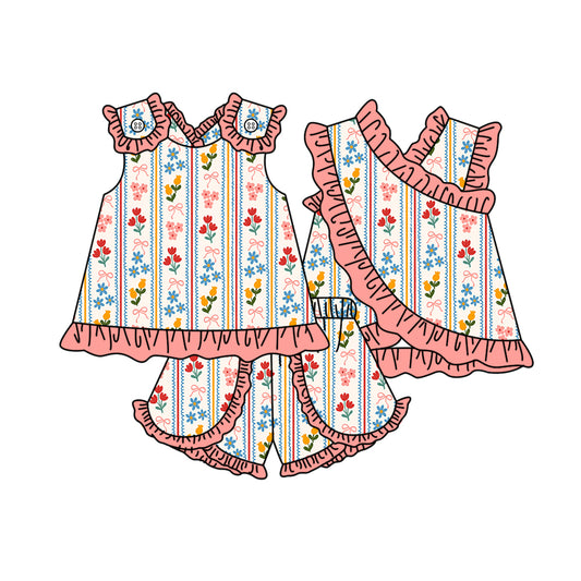 GSSO3680 Preorder Baby Girls Sleeveless Flowers Bows Stripe Tunic Ruffle Short Clothes Set