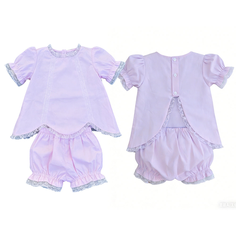 GSSO3681 Preorder Baby Girls Lavender Short Sleeve Lace Scallop Tunic Ruffle Short Clothes Set