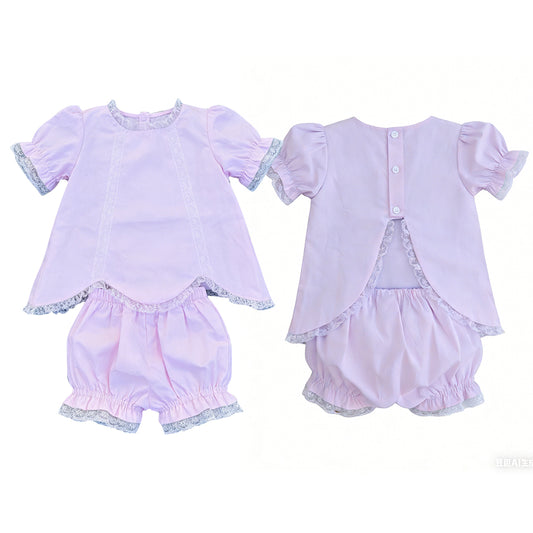 GSSO3681 Preorder Baby Girls Lavender Short Sleeve Lace Scallop Tunic Ruffle Short Clothes Set