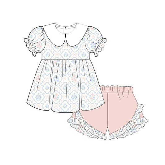 GSSO3687 Preorder Baby Girls Bows Flowers Checked Collar Tunic Ruffle Short Clothes Set