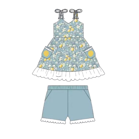 GSSO3688 Preorder Baby Girls Strap Lemon Flowers Pockets Tunic Short Clothes Set