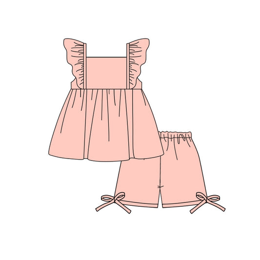 GSSO3690 Preorder Baby Girls Peach Flutter Sleeve Tunic Short Clothes Set