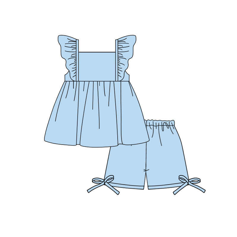 GSSO3692 Preorder Baby Girls Blue Flutter Sleeve Tunic Short Clothes Set
