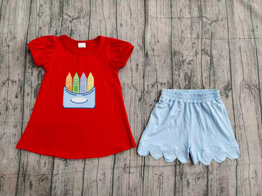 GSSO3727 Preorder Sample Embroidery Pencils Baby Girls Tunic Scallop Short Back to School Clothes Set