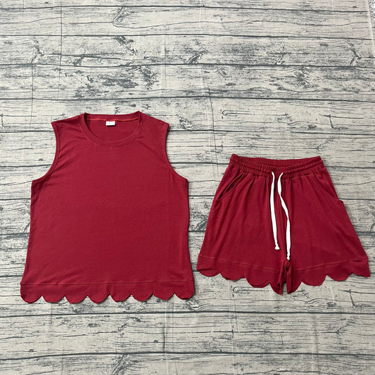 GSSO3735 Preorder Sample Adult Women Dark Red Sleeveless Top Short Scallop Clothes Sets