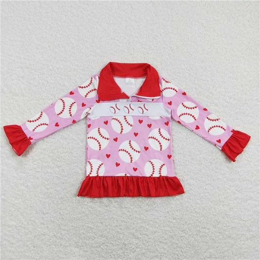GT0429 Baby Girl Pink Baseball Zip Long Sleeve Pullovers Tops