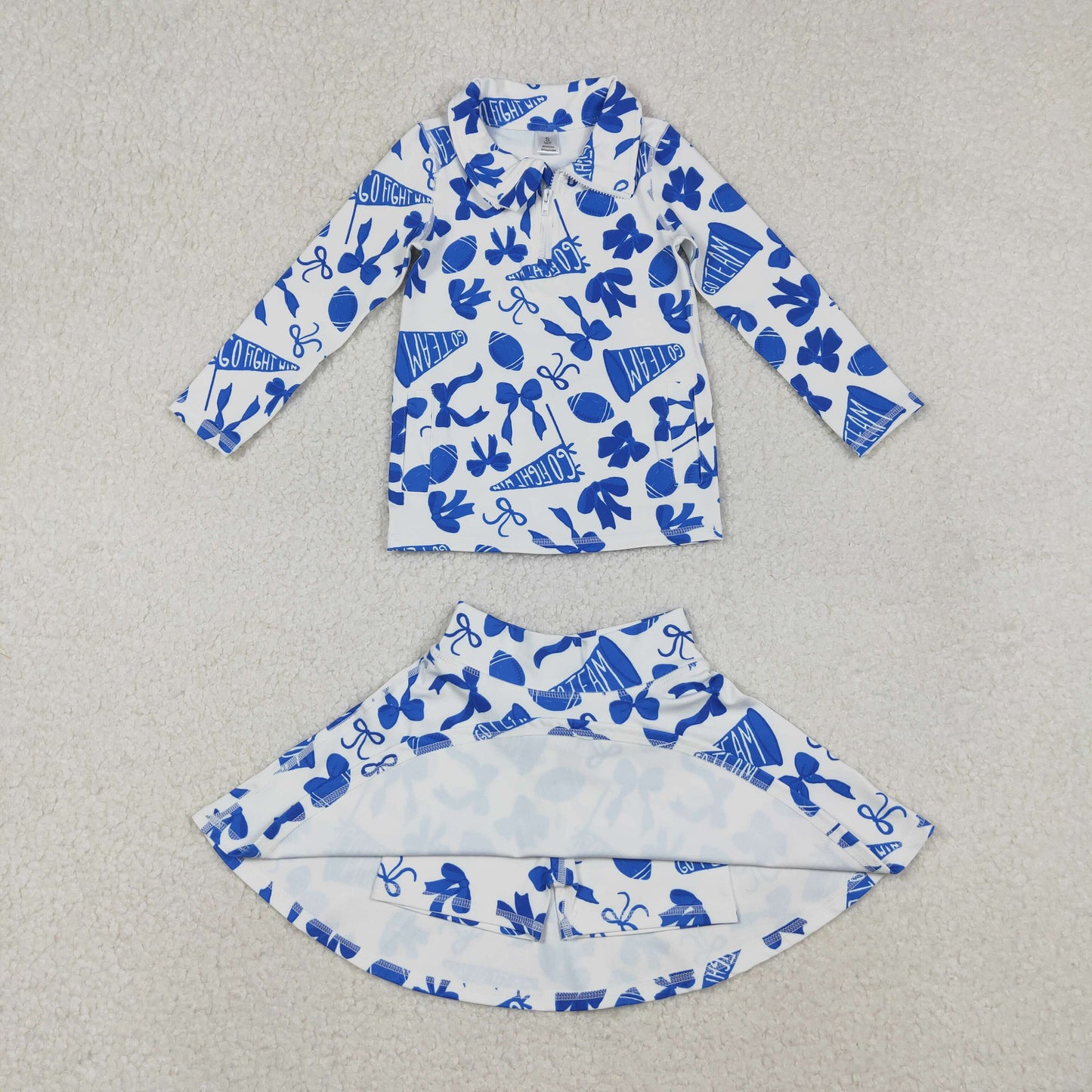 RTS NO MOQ（In Stock) Baby Girls blue Bows Go Team zipper long sleeve top Yoga skirts Set