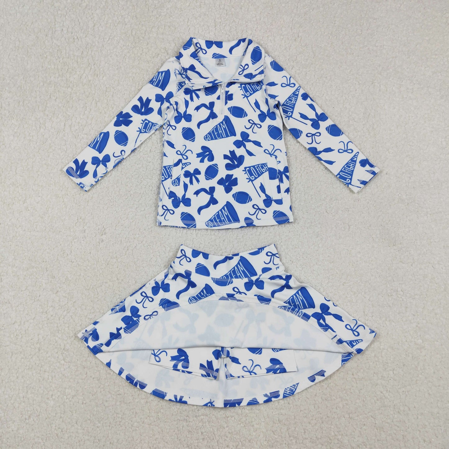 RTS NO MOQ（In Stock) Baby Girls blue Bows Go Team zipper long sleeve top Yoga skirts Set
