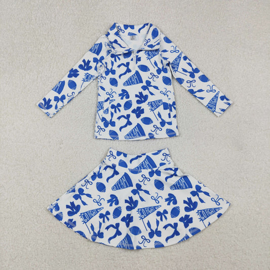 RTS NO MOQ（In Stock) Baby Girls blue Bows Go Team zipper long sleeve top Yoga skirts Set