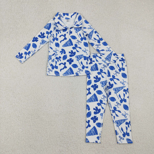 RTS NO MOQ（In Stock) Baby Girls Hot Blue Bows Go Team zipper long sleeve top Yoga pants Set
