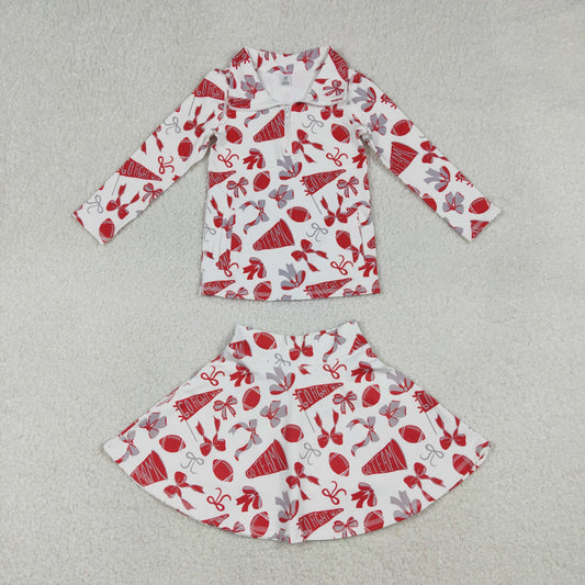 RTS NO MOQ（In Stock) Baby Girls red Bows Go Team zipper long sleeve top Yoga skirts Set