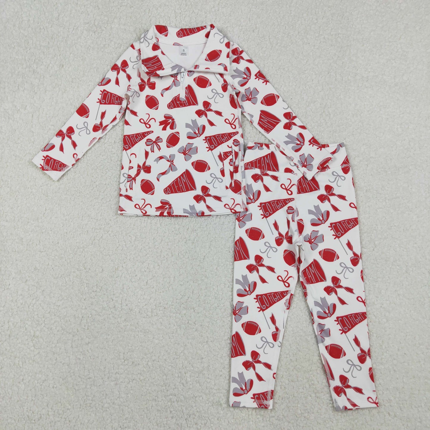 RTS NO MOQ（In Stock) Baby Girls red Bows Go Team zipper long sleeve top Yoga pants Set