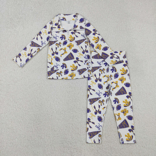 RTS NO MOQ(In Stock) Baby Girls Hot purple Bows Go Team zipper long sleeve top Yoga pants Set
