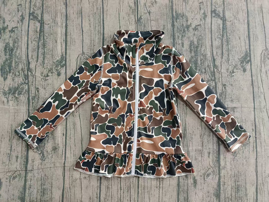 10.24 GT1315 Baby Girls Dark Brown Camo Ruffle Yoga Zipper Jackets Top Preorder