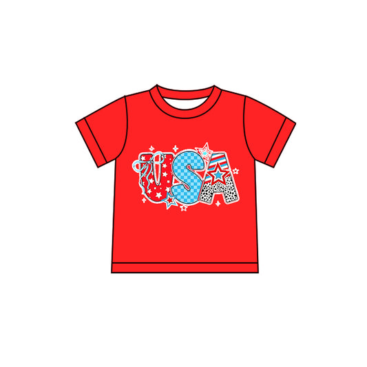Pre-order Baby Girl Red Short Sleeve USA Bows July 4th T-shirts Top GT1592