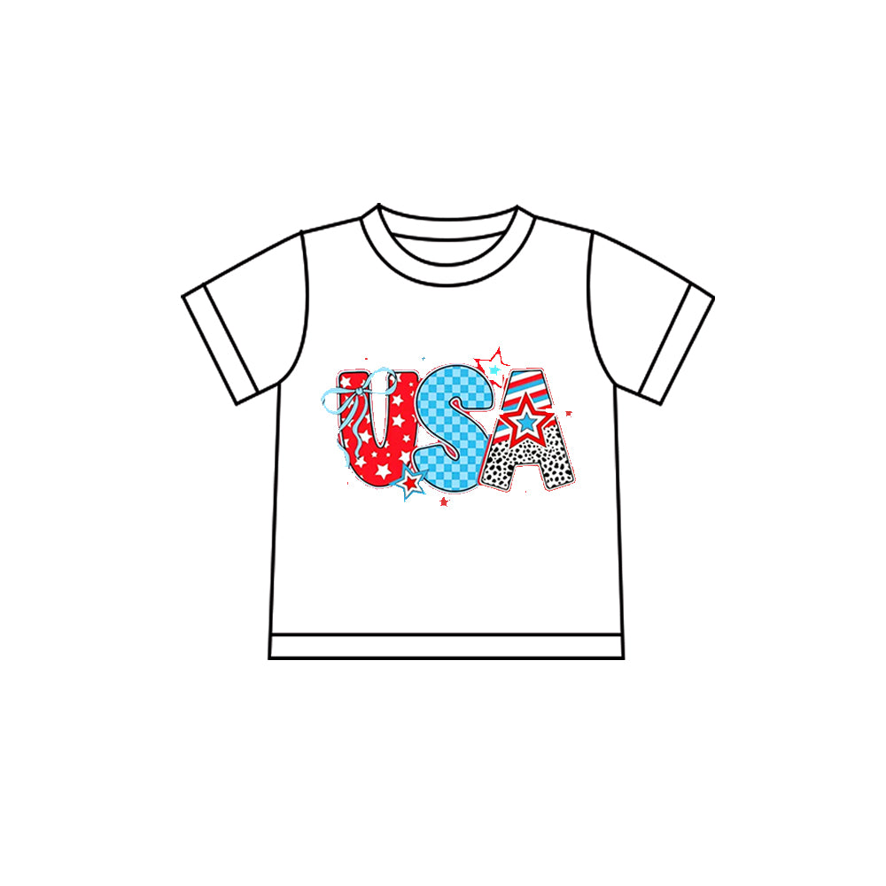 Pre-order Baby Girl Short Sleeve USA Bows July 4th T-shirts Top GT1593