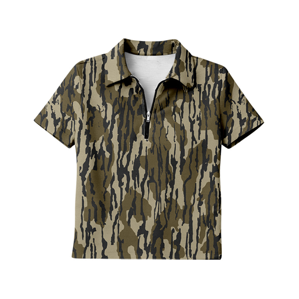 GT1596 Preorder Adult Women Girl Southern Olive Camo Short Sleeve Zipper Pullovers Top