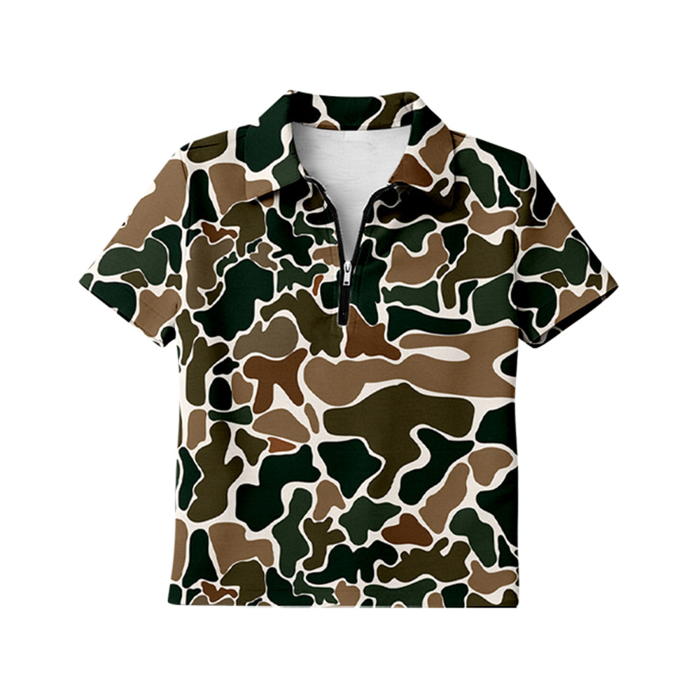 GT1599 Preorder Adult Women Girl Southern Brown Camo Short Sleeve Zipper Pullovers Top