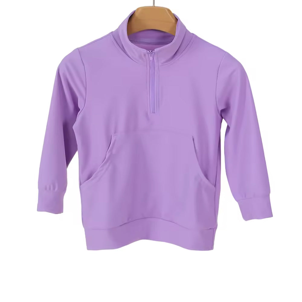 GT1607 Preorder Baby Girl Purple Long Sleeve Zipper Pockets Yoga Active Pullovers Top