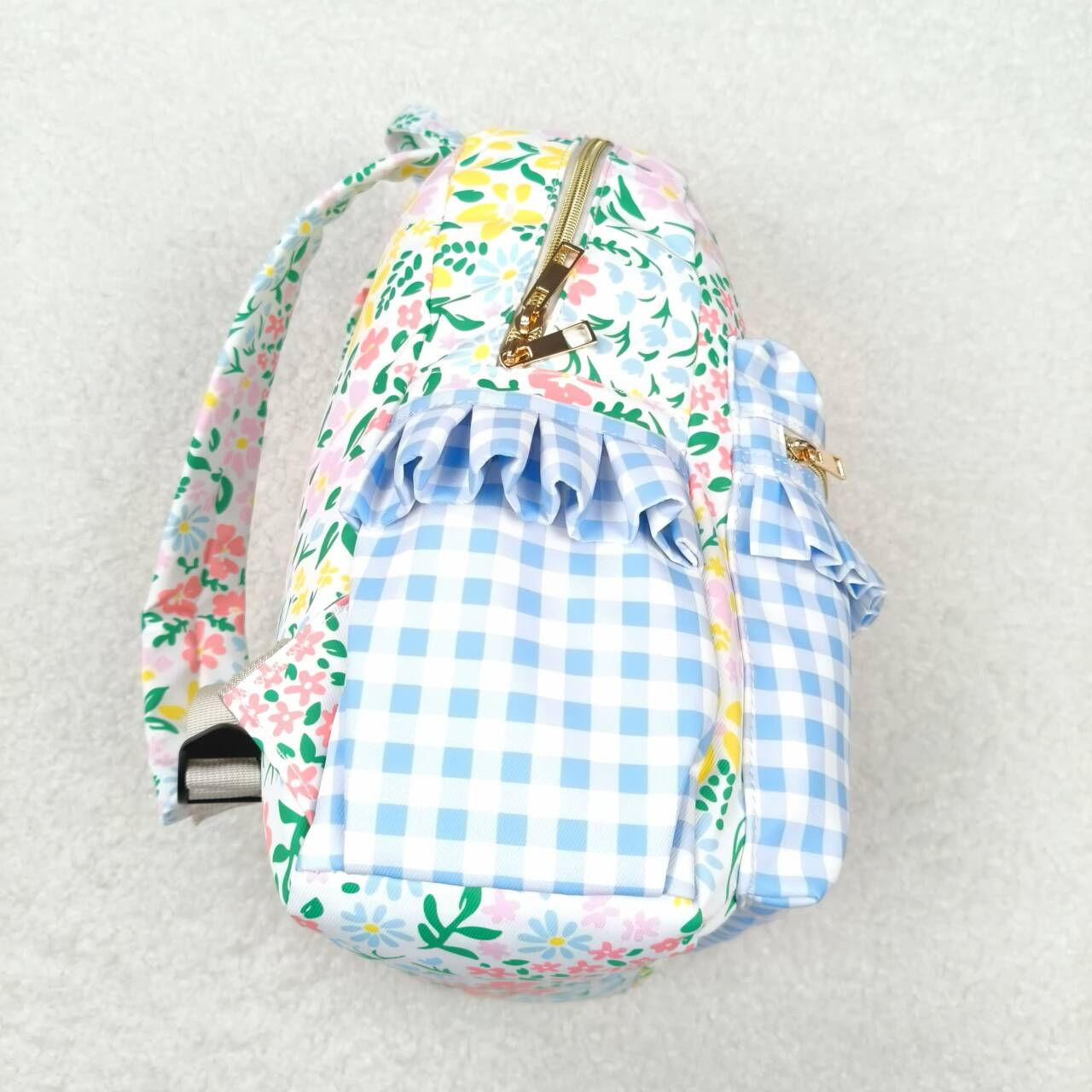 BA0097 Flower pink lace light blue check backpack