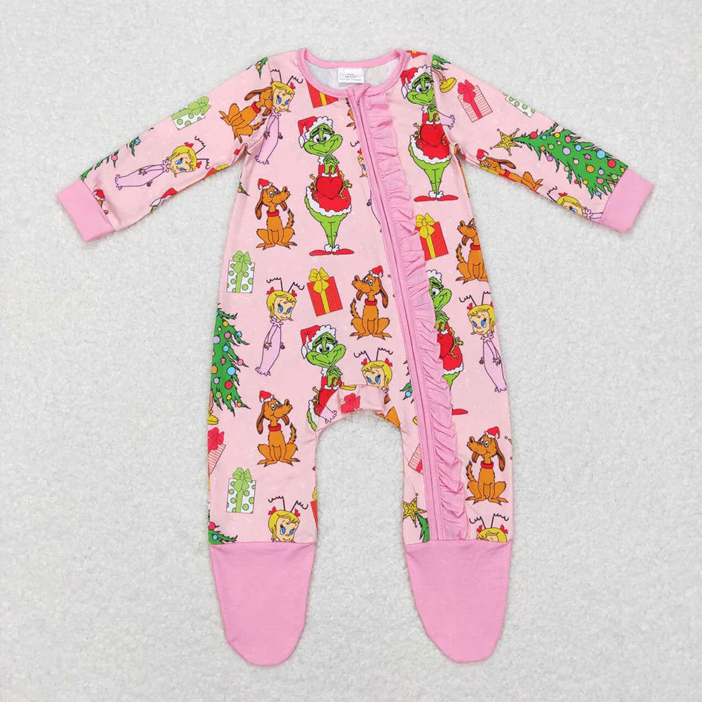 Sibling Baby Kids Girls Green Face Miss Christmas Pajamas Set Zipper Footed Romper