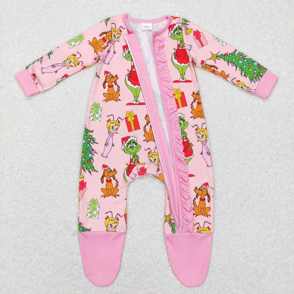 Sibling Baby Kids Girls Green Face Miss Christmas Pajamas Set Zipper Footed Romper