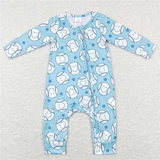LR0824 Baby Infant Boy Baseball Blue Zip Rompers