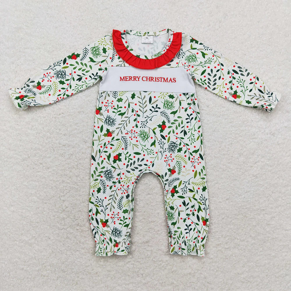 LR1176 Newborn Baby Infant Girls Merry Chrsitmas Leaves Long Sleeve Rompers