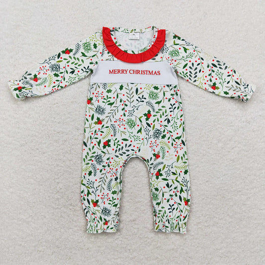 LR1176 Newborn Baby Infant Girls Merry Chrsitmas Leaves Long Sleeve Rompers