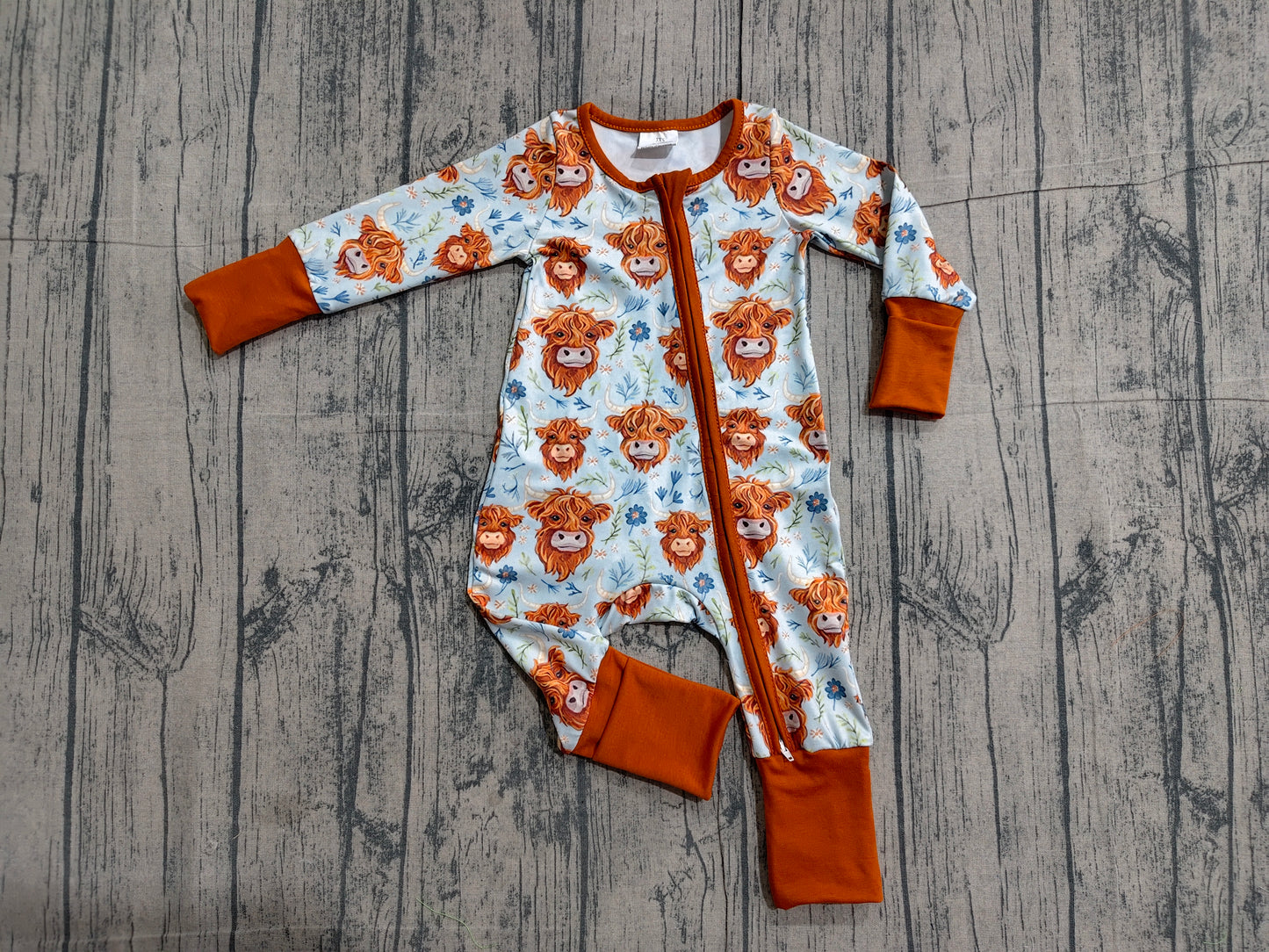 LR1787 Preorder Sample Baby Infant Girl Western Highland Cows Zip Rompers