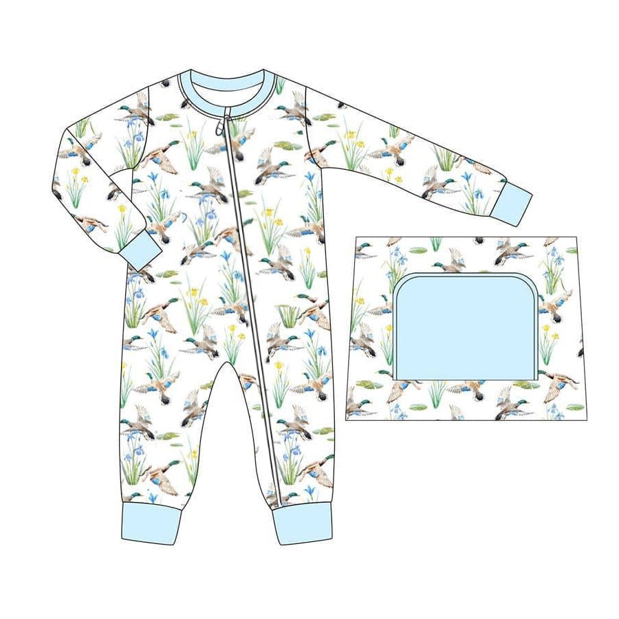 LR2094 Baby Infant Boys Blue Mallard Ducks Hunting Zip Rompers preorder