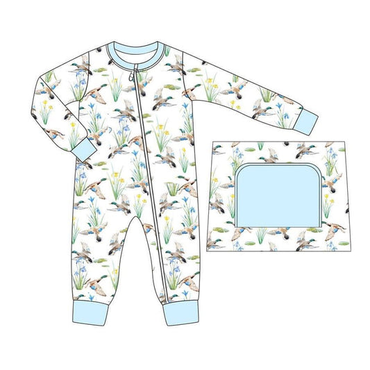 LR2094 Baby Infant Boys Blue Mallard Ducks Hunting Zip Rompers preorder