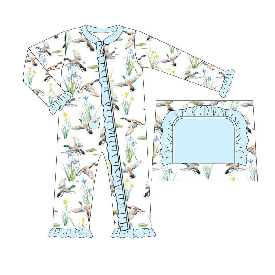 LR2095 Baby Infant Girls Blue Mallard Ducks Hunting Zip Rompers preorder