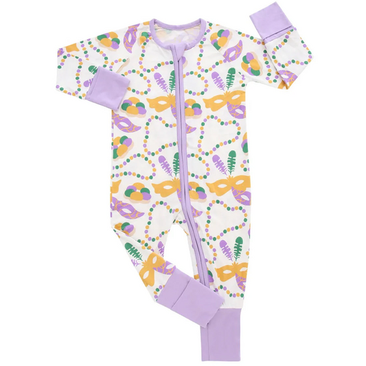 LR2097 Baby Infant Girls Mardi Gras Masks Lavender Zip Rompers preorder